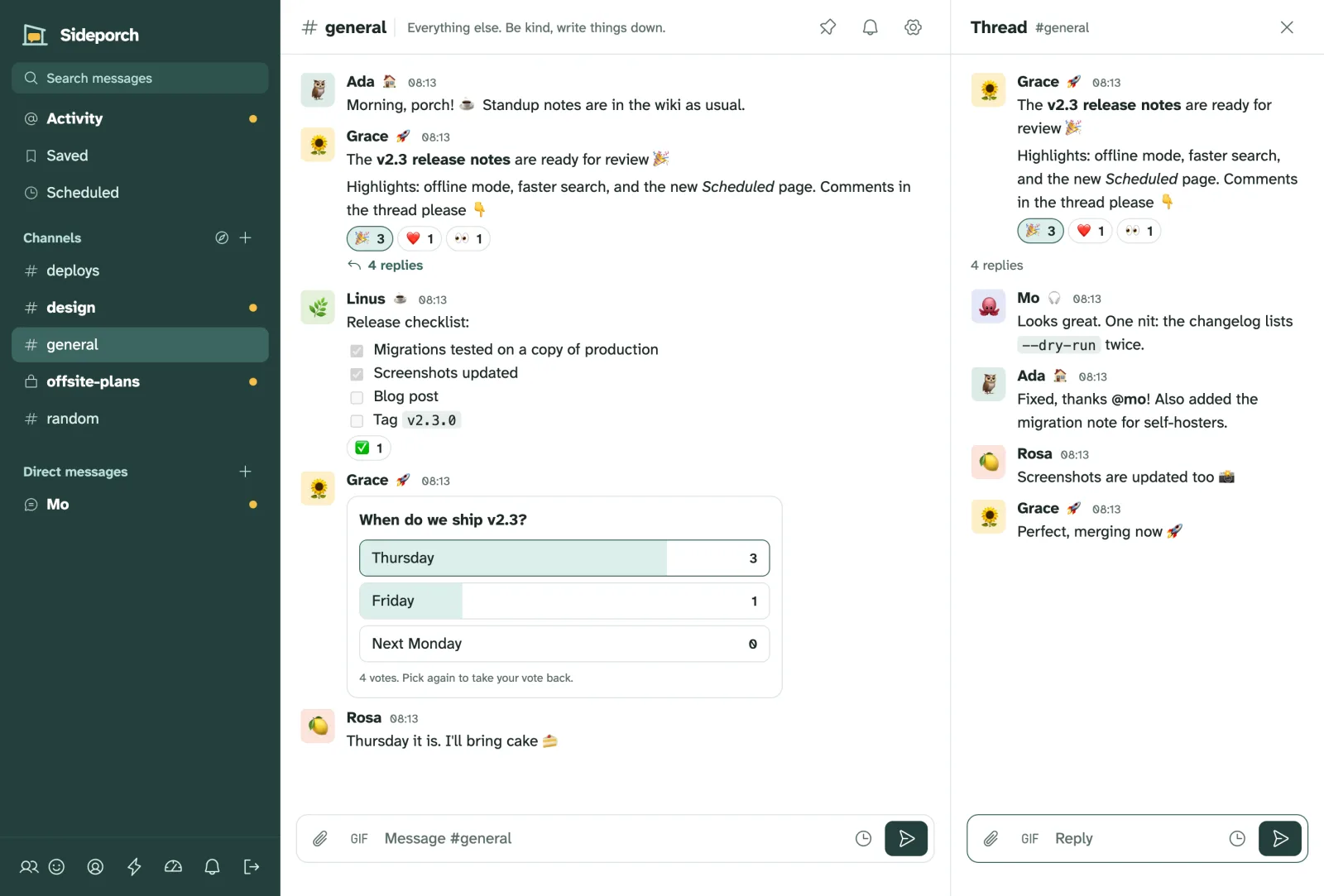 A Sideporch channel with a thread open on the right: messages with reactions, a checklist and a poll.